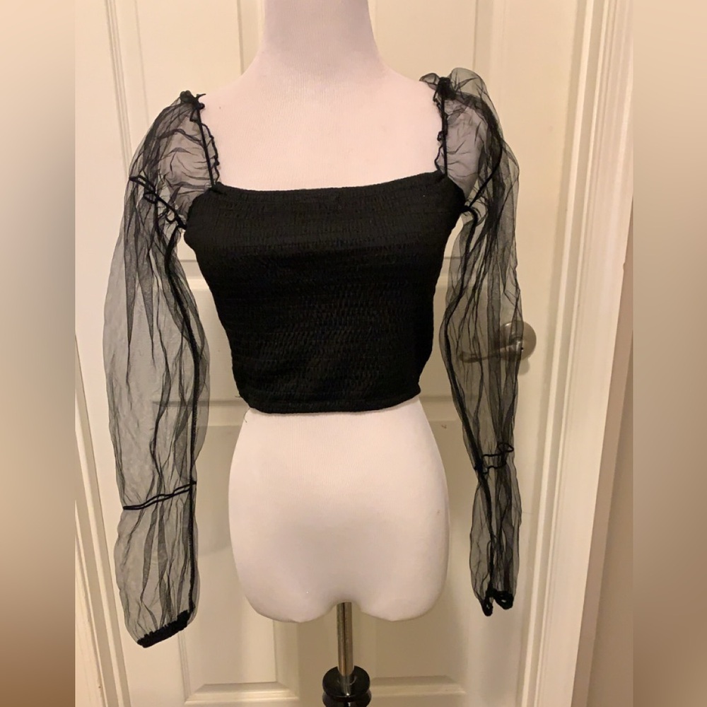 Mesh black long sleeve crop top